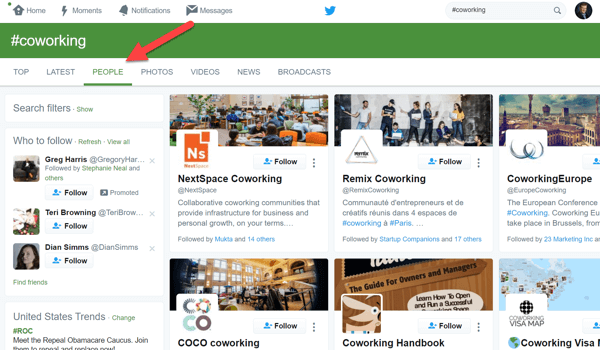 Open the People tab to look for potential influencers in your Twitter search results.