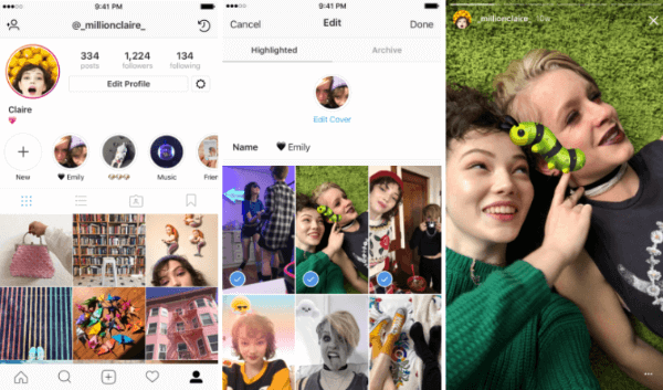 Instagram Stories Highlights allows users to select and group past stories into named collections.
