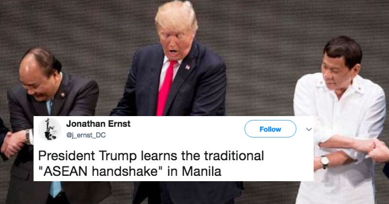 Trump gets trolled on Twitter for ridiculous SE Asian handshake, where he grimaces the entire time through.