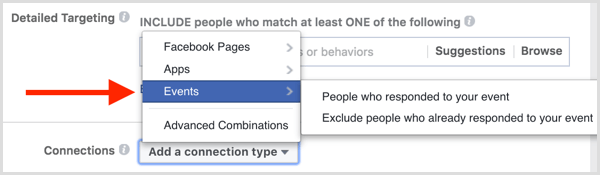 Facebook ad targeting connections include exclude people who responded to event