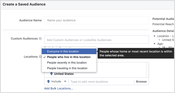 Facebook ads manager create saved audience location targeting