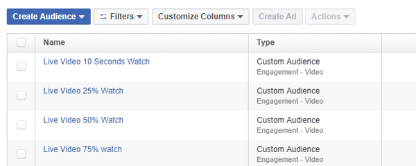 In Facebook Ads Manager, use the Audiences tool to define a retargeting audience based on views of Facebook Live videos.