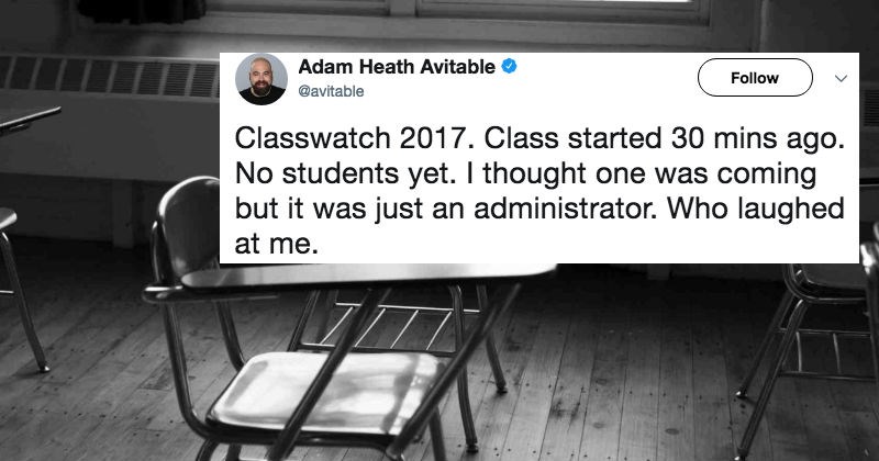 Sad teacher live-tweets his existential crisis when none of his students show up for his class.