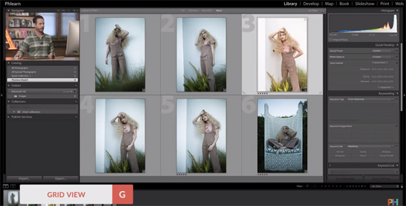 "G" is the LIghtroom shortcut for grid view