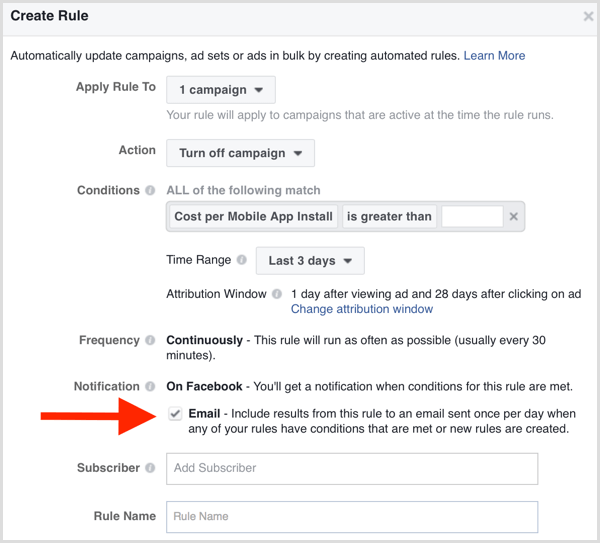 Facebook Ads Manager automated rule email notification
