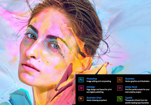 Woman's face with abstract coloured overlaid, and a panel of Adobe Creative Cloud app icons