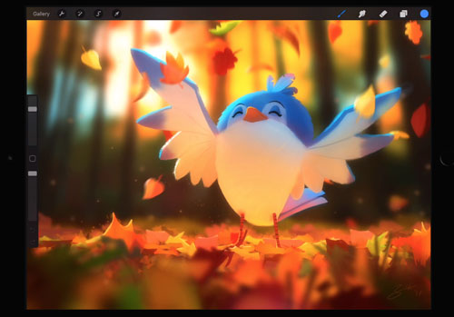 Procreate screenshot shows an illustration of a bird playing in autumn leaves