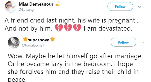 Twitter user reveals man cried after his wife got pregnant for lover,the responses are SAVAGE