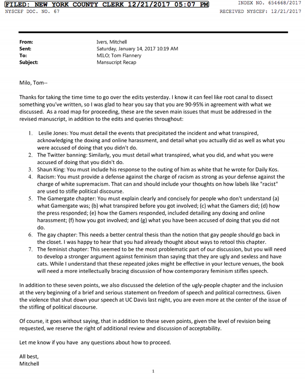 And here's a wrap-up letter, included in the court filings, where Ivers says about the "feminist chapter": "you will need to develop a stronger argument against feminism than saying that they are ugly and sexless and have cats," among other notes.