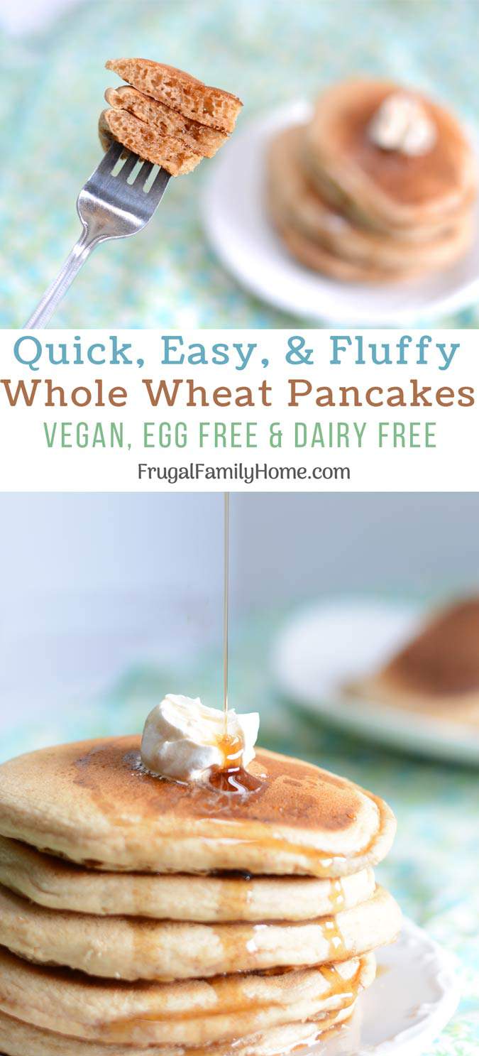 This easy whole wheat pancake recipe is easy to make and healthy too. It doesn’t contain eggs or oil. You can make it dairy free by using almond milk or another non dairy milk. It’s a great weekend breakfast but fast enough to be made on a weekday too. Even though these pancakes are made with whole wheat, they are light and fluffy. Come see what the secret is to making them fluffy instead of heavy and dense.