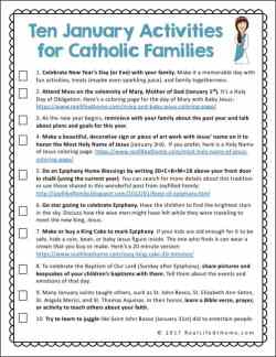 A free printable page featuring ten faith formation activities for Catholic families in January #CatholicKids #CatholicPrintables #CatholicFamilies