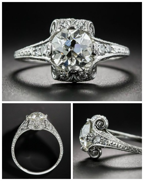 A fantastic die-struck Art Deco engagement ring from the 1920's with a sparkling 1.38 carat center stone. Such incredible details! From Lang Antiques.