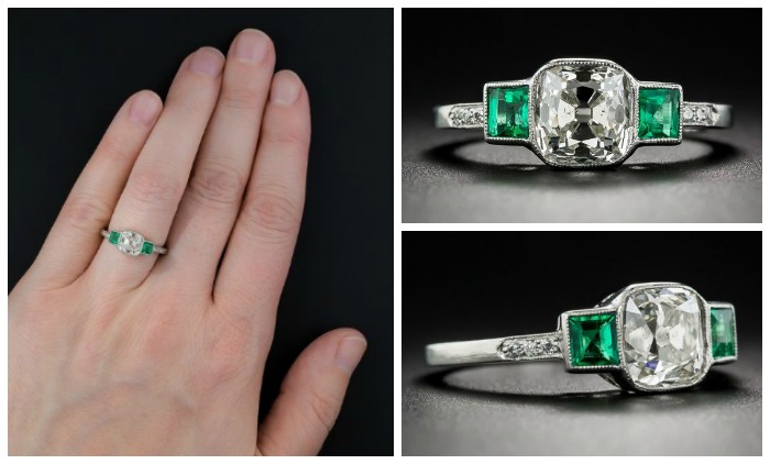 A beautiful antique engagement ring with a cushion-cut diamond sandwiched between two lovely emeralds. Art Deco, circa 1915-1920. At Lang Antiques. 