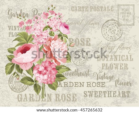 Flower garland for invitation card. Card template with blooming flowers and custom text. Vintage postcard background template for wedding invitation.