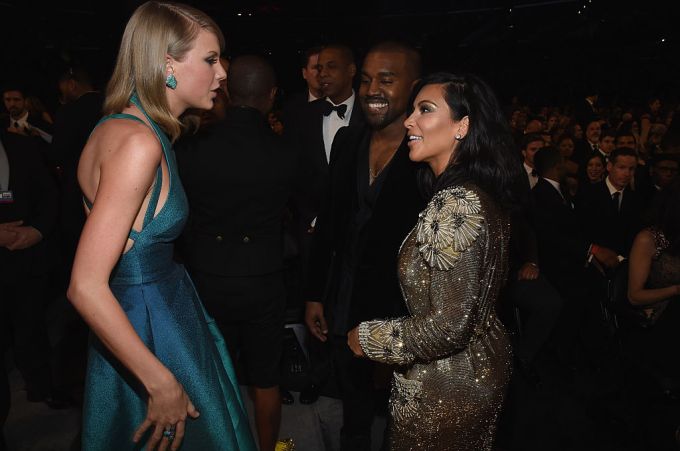 LOS ANGELES, CA - FEBRUARY 08: (L-R) Recording Artists Taylor Swift, Jay Z and Kanye West and tv personality Kim Kardashian attend The 57th Annual GRAMMY Awards at the STAPLES Center on February 8, 2015 in Los Angeles, California. (Photo by Larry Busacca/Getty Images for NARAS)