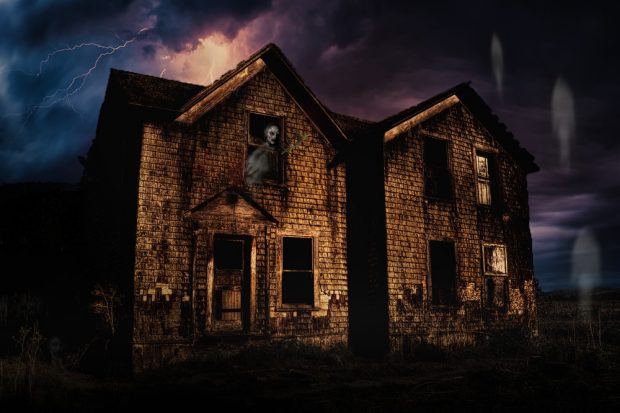 Haunted House with Lightning and Ghosts