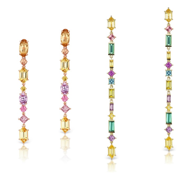 Jane Taylor jewelry's Cirque Aerial Silk earrings in two different color schemes, each featuring rare colored gemstones and diamonds.