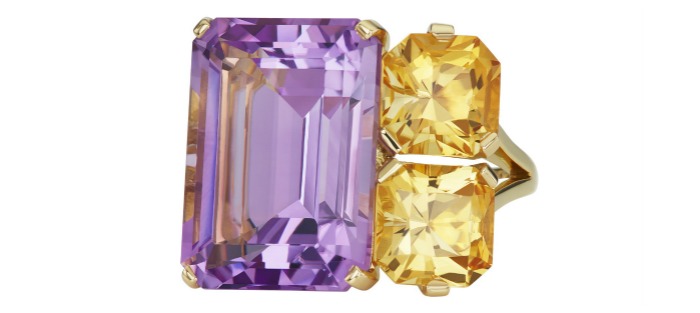 Jane Taylor jewelry's Cirque Banquine ring in 18K yellow gold with 16.33ct lavender amethyst and 4.14ctw specialty German cut honey citrines.