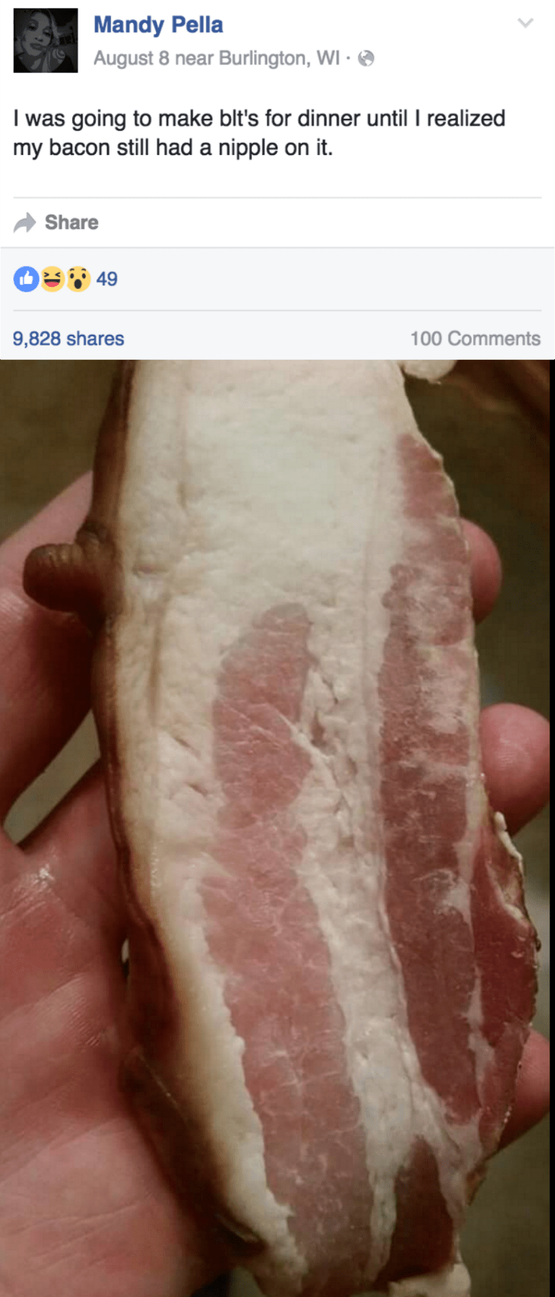 funny fail image woman's bacon still has pig's nipple attached