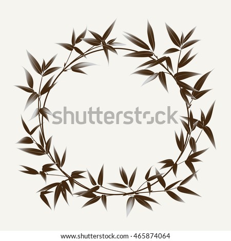 Bamboo leaves in form of circle frame. Ink painting over white background. Vector illustration.