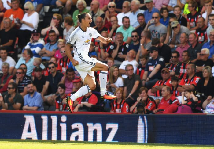 BOURNEMOUTH, ENGLAND - AUGUST 14: Zlatan Ibrahimovic of Manchester United celebrates scoring his team's third goal during the Premier League match between AFC Bournemouth and Manchester United at Vitality Stadium on August 14, 2016 in Bournemouth, England. (Photo by Stu Forster/Getty Images)