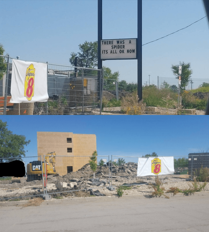 funny win sign motel renovations due to spider