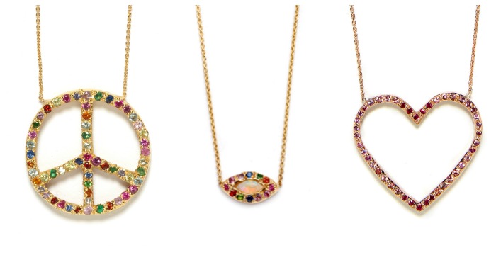 Beautiful necklaces by Elisa Solomon. The peace sign, heart, and opal eye. In gold with gemstones.