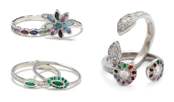 Beautiful rings by Elisa Solomon. With diamonds and gemstones.