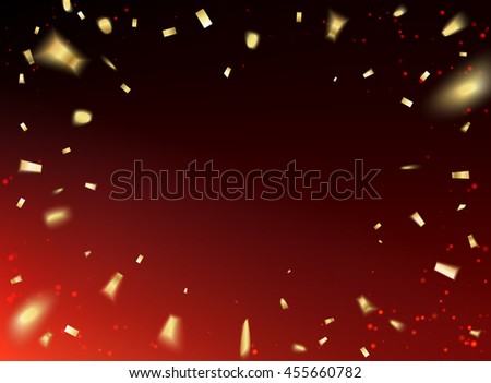 Golden confetti falls isolated over red sky background. Vector illustration.