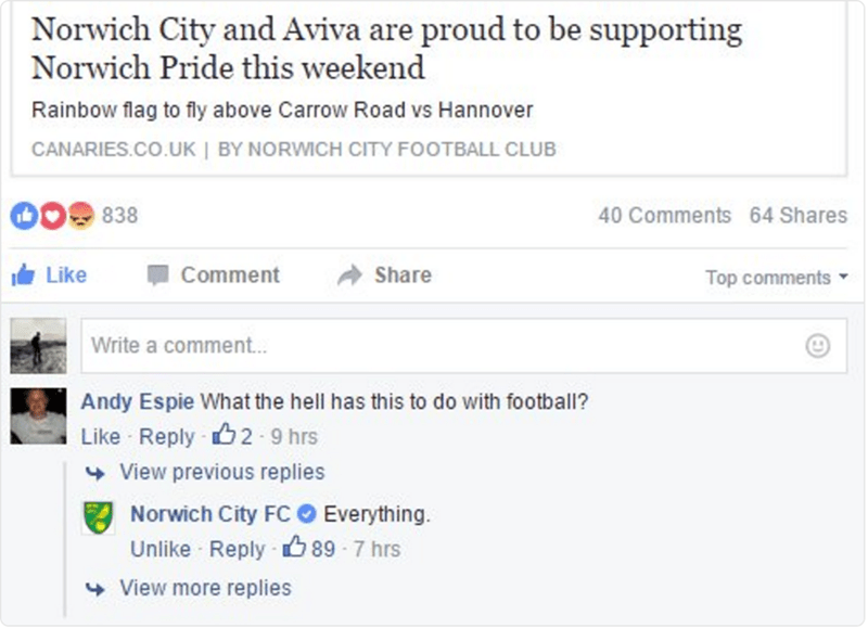 funny facebook image soccer club shuts down homophobe with one-word response
