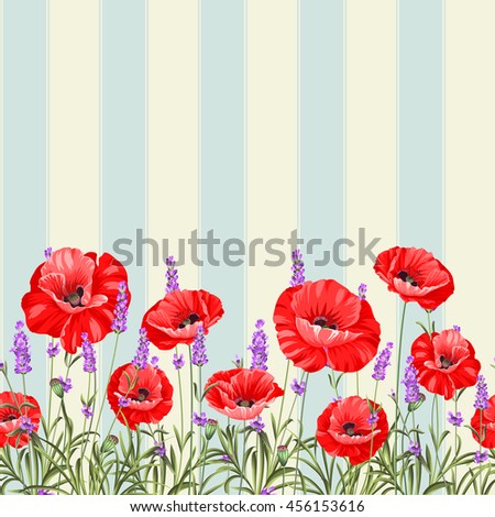 Pattern of poppy flowers over white background. Luxurious color poppy flowers background for a vintage label design.