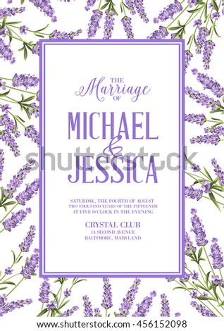 Marriage invitation card with custom sign and flower frame. Lavender frame for provence card. Printable vintage marriage invitation with flowers over white. Lavender sign label.