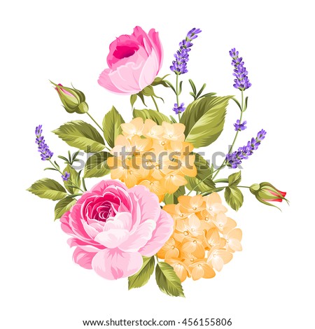 Spring flowers bouquet of color bud garland. Label with rose flowers.