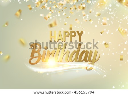 Happy birthday texy over gray background with golden confetti. Holiday card. Template for your design.