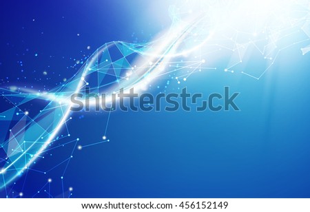 Science template for your card, blue wallpaper or banner with a DNA molecules of poligons. Wireframe mesh polygonal element. Glow light futuristic background.