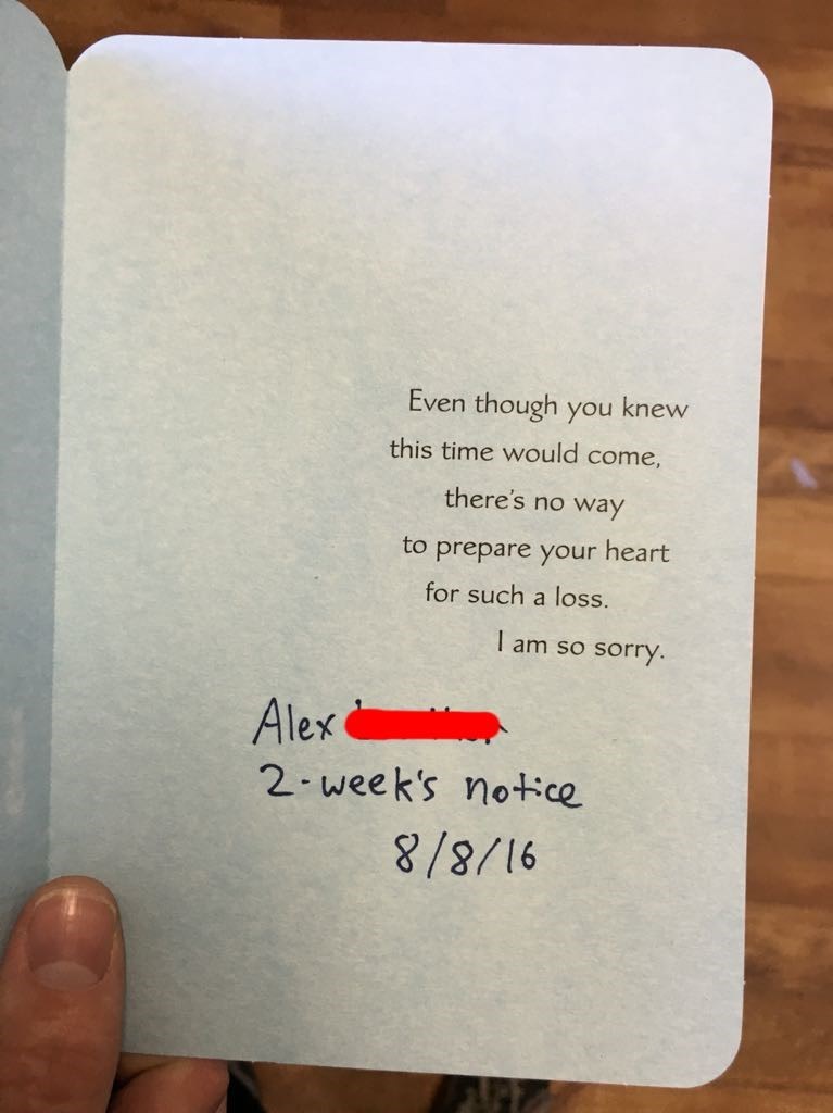 win guy quits his job with 2 weeks notice in card to boss