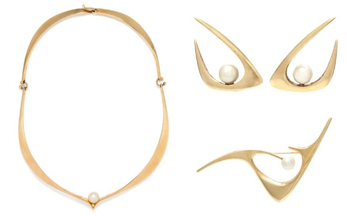 Three modernist yellow gold and cultured pearl pieces by Ed Weiner. From Leslie Heindman's September auction.