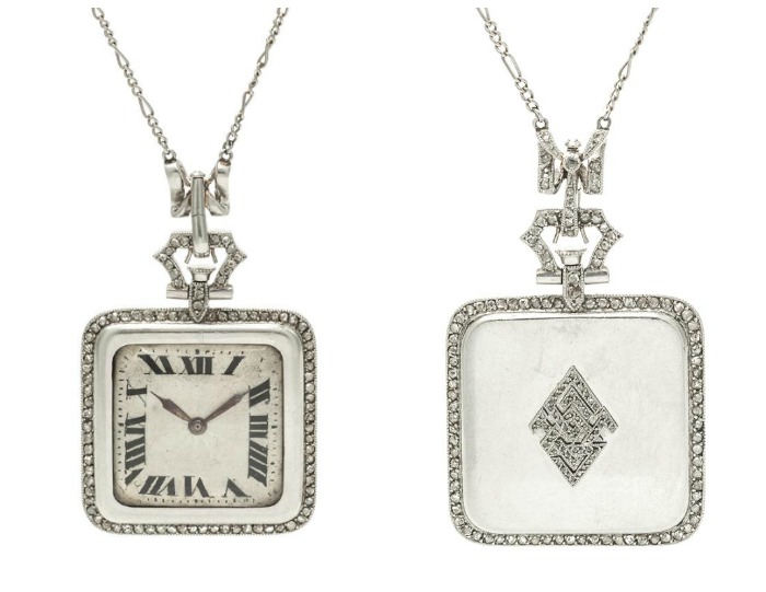 An Art Deco Platinum and Diamond Pendant Watch Necklace, French.