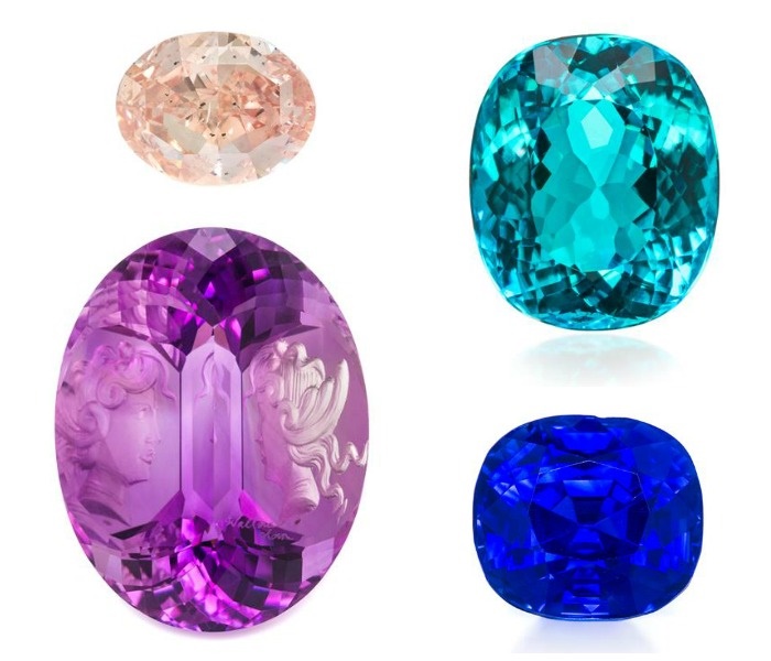 Four gemstones from the upcoming Leslie Hindman auction - a 2.58 ct fancy orangey pink diamond, a 37 ct carved reverse intaglio amethyst by Wallace Chan, a 4.01 carat Brazilian Paraiba tourmaline, and a 6.40 carat Kashmir sapphire.