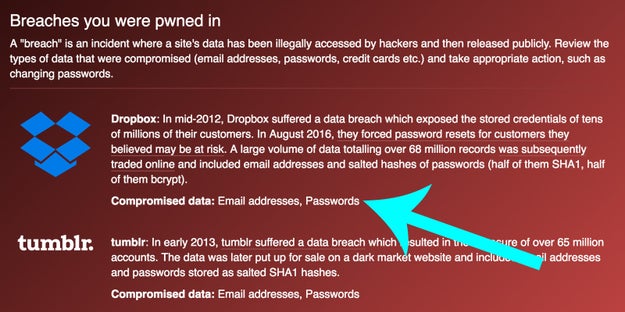 The site reveals which data associated with your email has been compromised.