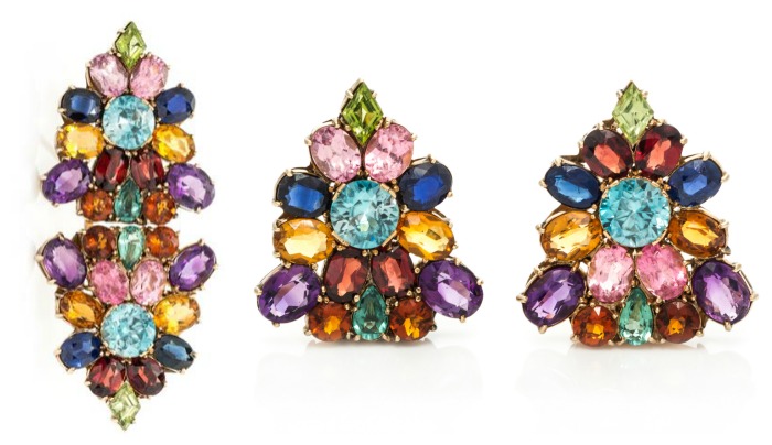 A pair of retro dress clips in rose gold with amethyst, citrine, blue zircon, garnet, peridot, and pink tourmaline. Can be worn as one piece or two.