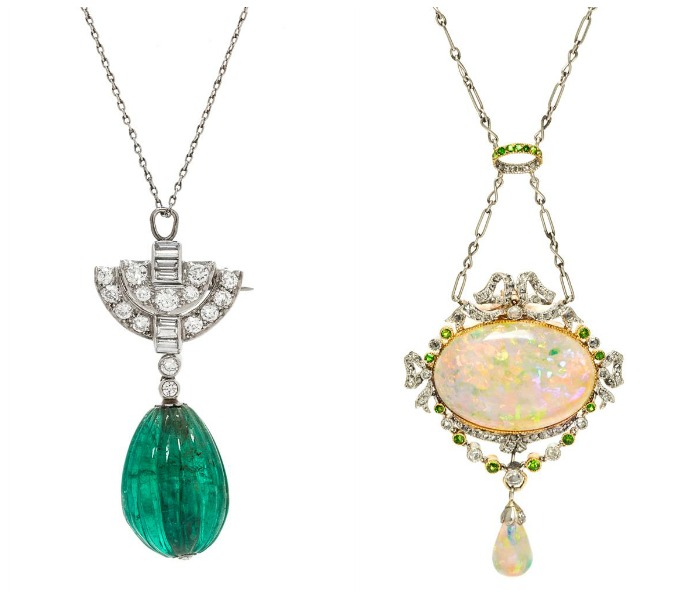 Two beautiful necklaces from the upcoming Leslie Hindman auction. Tiffany and Co. emerald with diamonds on the left, Edwardian era opal with diamonds and demantoid garnets on the right.