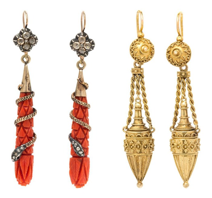 Two pairs of wonderful antique Victorian era earrings. Coral with snakes on the left, Etruscan revival on the right.