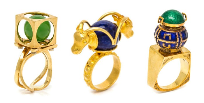 Three funky and fantastic vintage rings from Leslie Hindman's upcoming September jewelry auction.