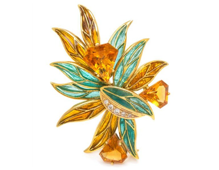 A fabulous citrine, yellow gold, and plique-a-jour brooch with a 5.82 ct citrine.