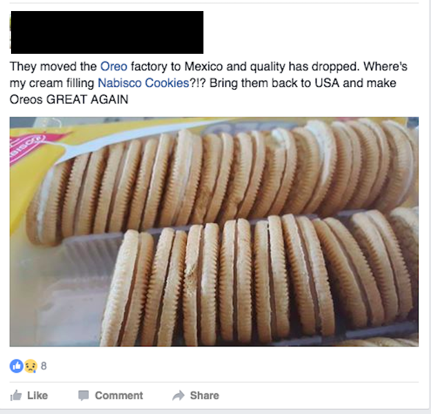 People are flooding Oreo and other cookie Facebook pages with hateful comments because Trump keeps slamming Oreo parent company, Nabisco, in his speeches.