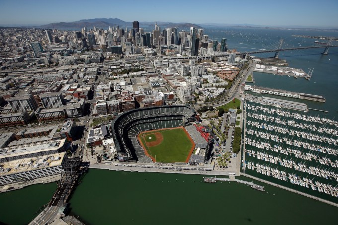 SAN FRANCISCO, CA - SEPTEMBER 07: An aeriel view of AT&T Park on September 7, 2013 in San Francisco, California. (Photo by Ezra Shaw/Getty Images)