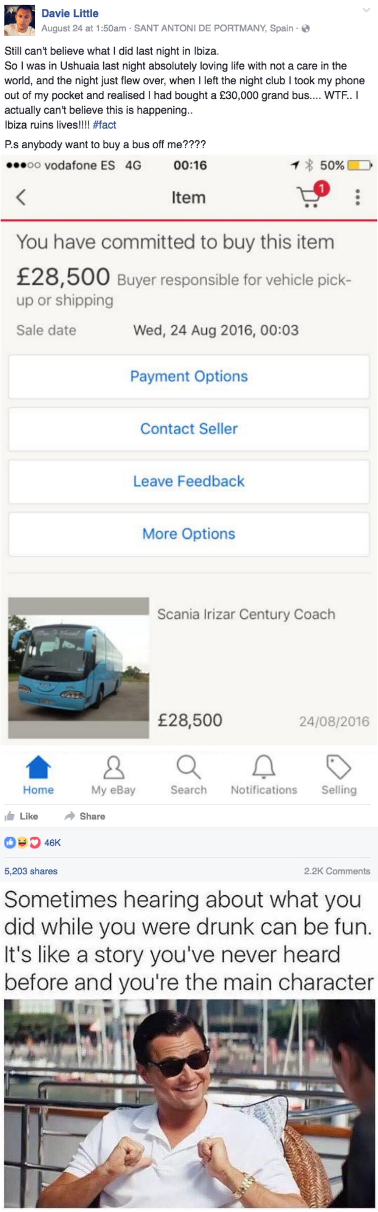 funny fail image guy bought bus online after partying in Ibiza