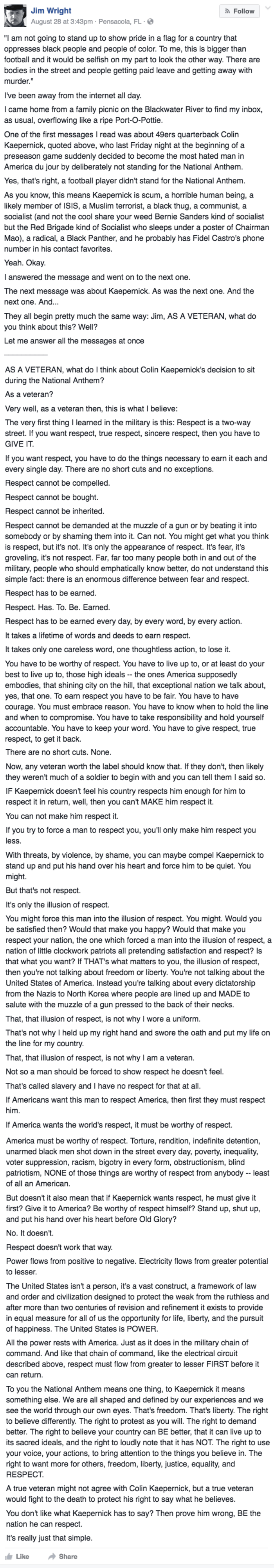 win Veteran Jim Wright responds to Colin Kaepernick's refusal to stand on facebook