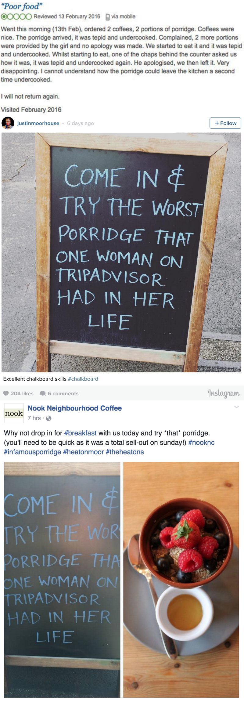 win British cafe responds to 1 star review with clever chalkboard sign